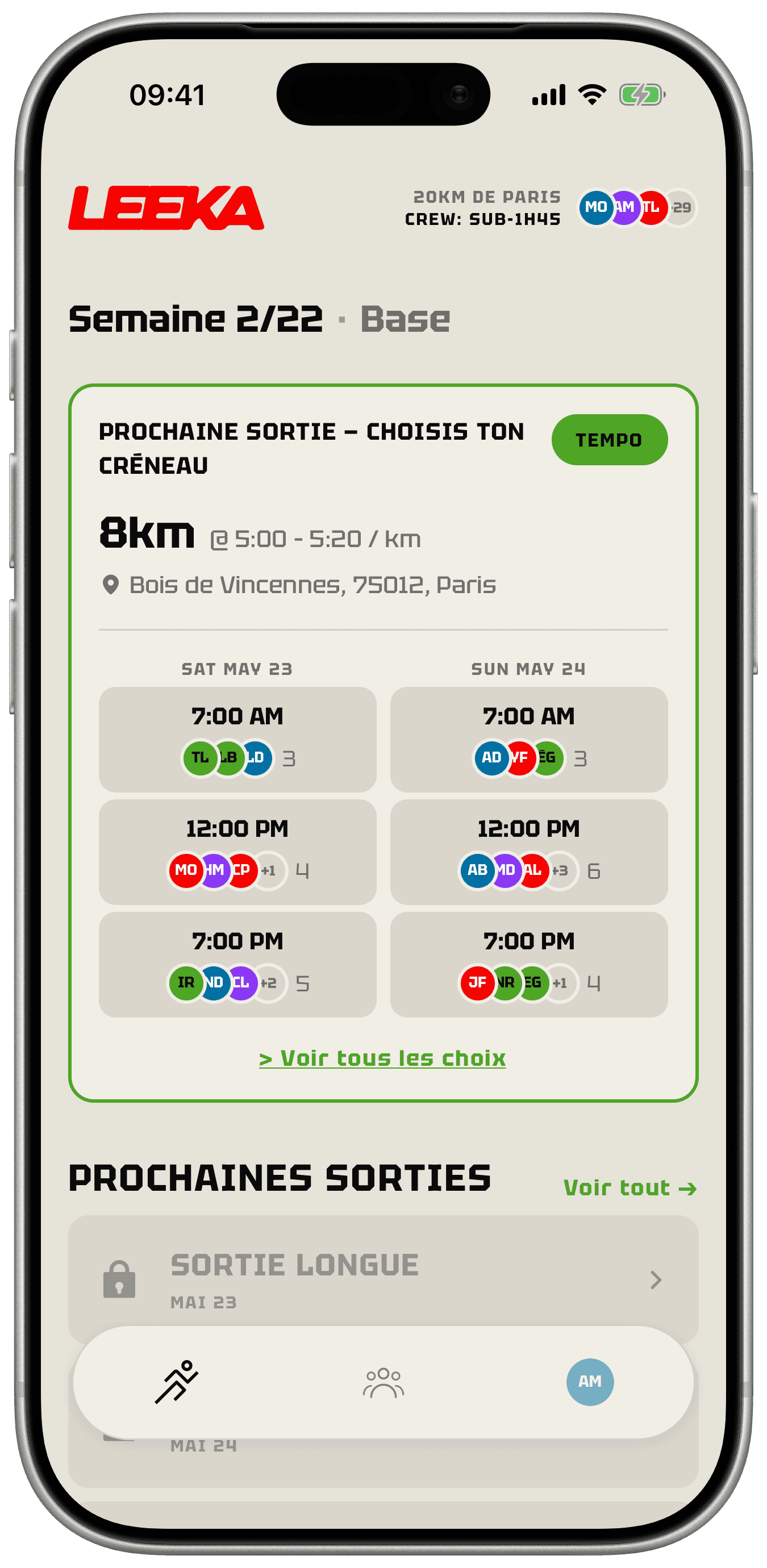 Écran d'accueil de Leeka avec les créneaux à voter pour la prochaine sortie.