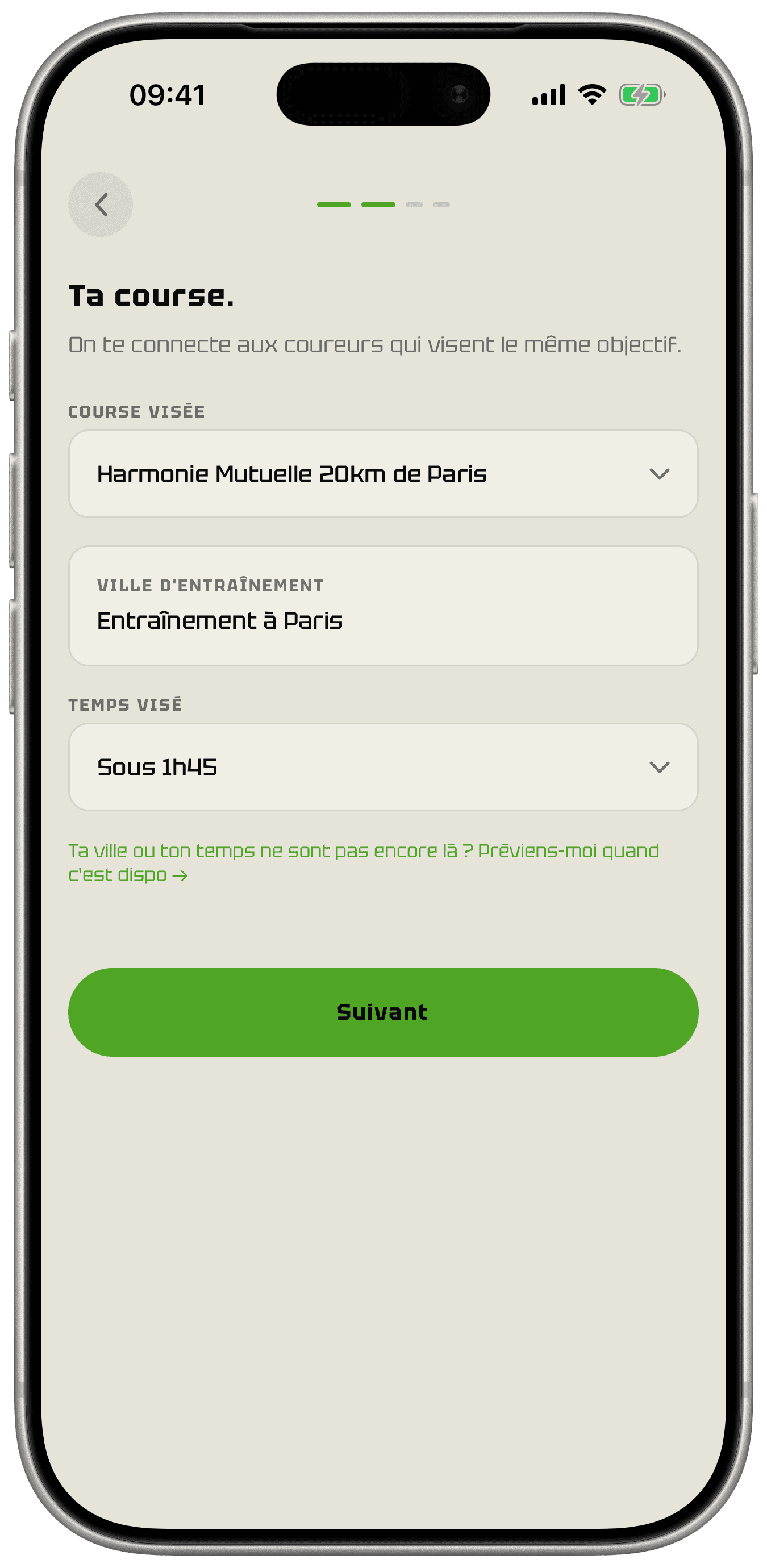 Étape d'inscription pour choisir la course visée et le temps objectif.